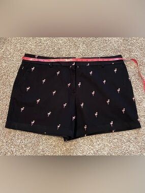 British Khaki Black Shorts with Pink Flamingo Embroidery size 12 EUC